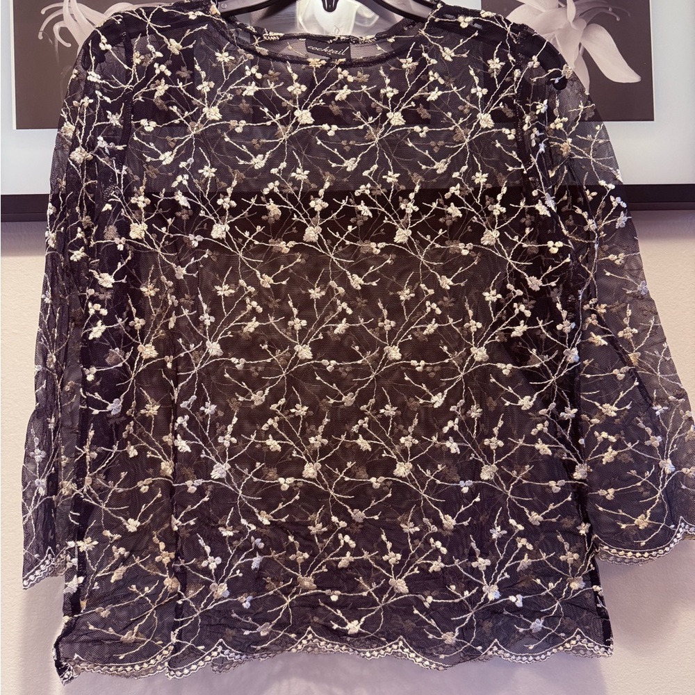 Sheer Black Floral Embroidered Women's Top